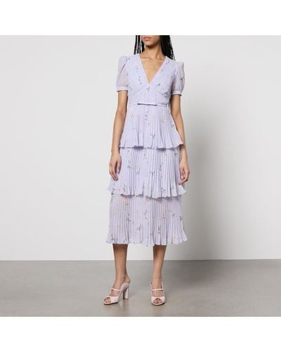 Self-Portrait Tiered Floral Chiffon Midi Dress - Purple