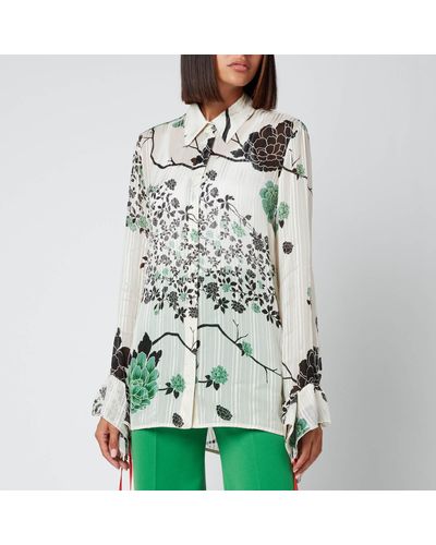 Victoria Beckham Flounce Cuff Printed Crepon Shirt - Green