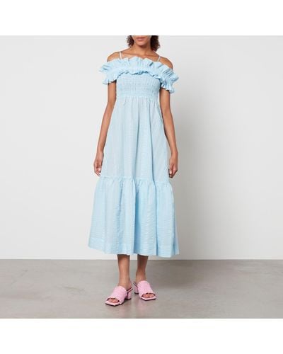 Ganni Seersucker Checked Cotton-Blend Seersucker Maxi Dress - Blue