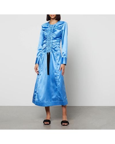 Ganni Cutout Ruched Stretch-Satin Midi Dress - Blue