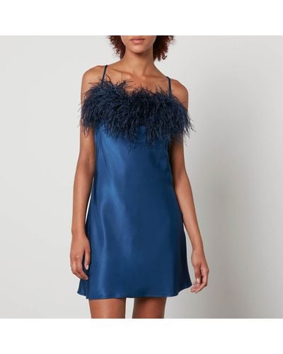 Sleeper Boheme Feather-Trimmed Satin Mini Dress - Blue