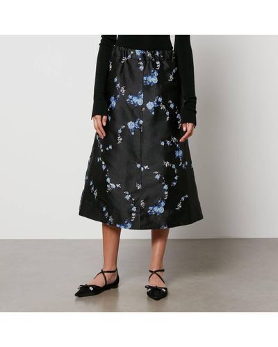 Ganni Floral-Jacquard Midi Skirt - Black