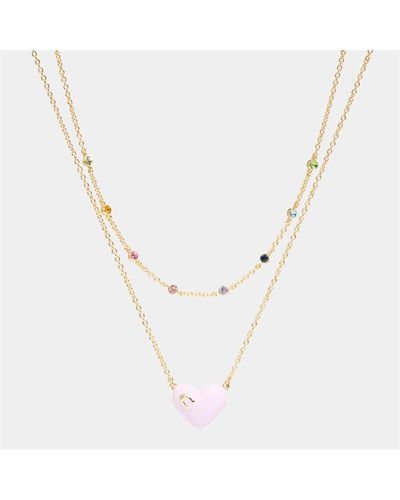 COACH Enamel C Heart Double Chain Necklace - Multicolour