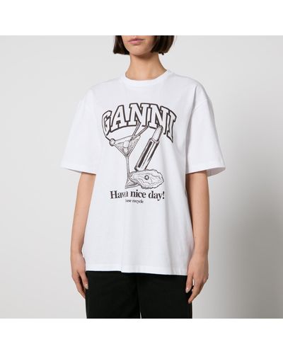 Ganni Cocktail-print Organic And Recycled-cotton T-shirt - White