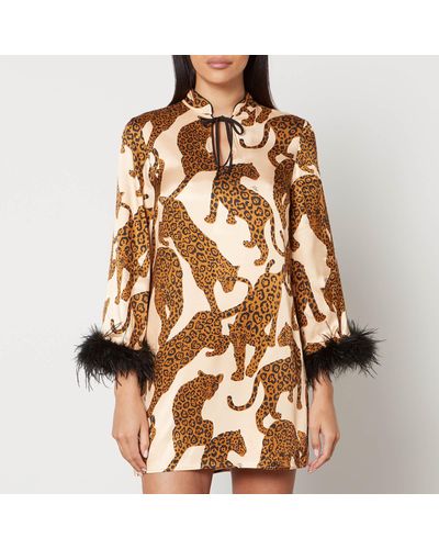 Kitri Carlotta Feather-trimmed Leopard-print Satin Mini Dress - Brown