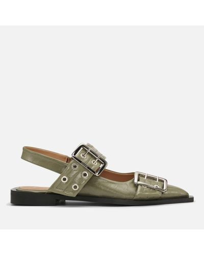 Ganni Buckled Leather Flat Shoes - Green