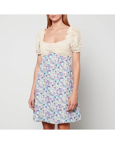 RIXO London Pearl Crochet And Floral-Print Linen-Blend Mini Dress - Blue