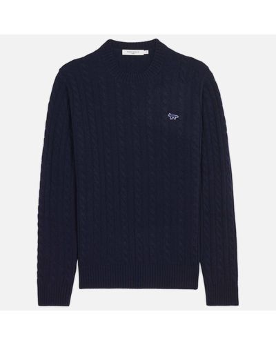 Maison Kitsuné Embroidered Logo Cashmere Cable Knit Sweater - Blue