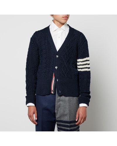 Thom Browne Cable-knit Donegal Wool And Mohair-blend Cardigan - Blue