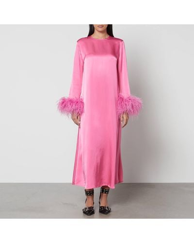 Sleeper Suzi Feather-Trimmed Satin Maxi Dress - Pink