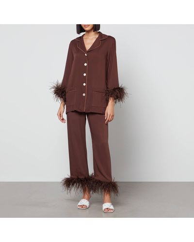 Sleeper Party Feather-trimmed Crepe De Chine Pyjama Set - Brown