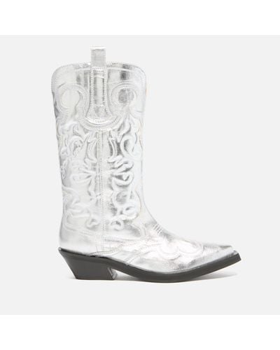 Ganni Mid Shaft Embroidered Leather Western Boots - White
