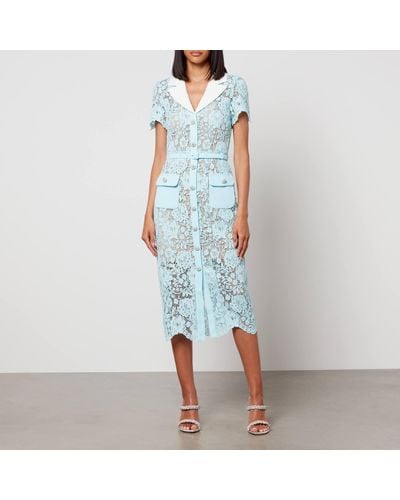 Self-Portrait Self Portrait Midi Dress In Floral Lace With Contrasting Lapel And Jewel Buttons - Blue