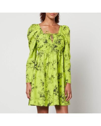 Ganni Floral-Print Organic-Cotton Mini Dress - Green