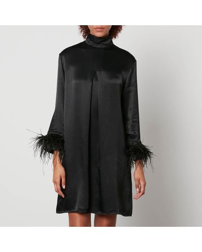 Sleeper Party Shirt Feather-Trimmed Satin Dress - Black
