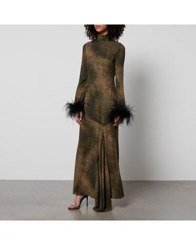 De La Vali Printed Feather-Trimmed Satin Maxi Dress - Green