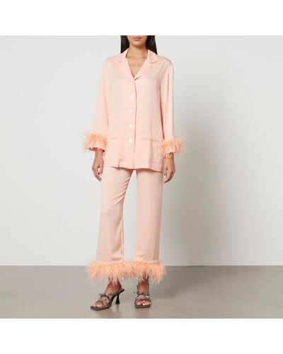 Sleeper Party Feather-Trimmed Crepe De Chine Pajama Set - Pink