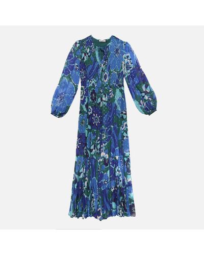 RIXO London Lori Floral-Print Shirred Chiffon Midi Dress - Blue