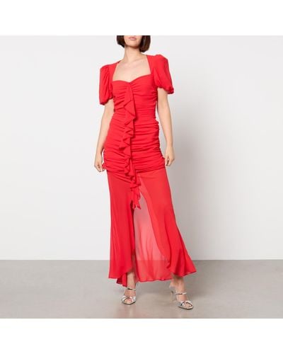 De La Vali Short Sleeve Chiffon Maxi Dress With Ruffles - Red