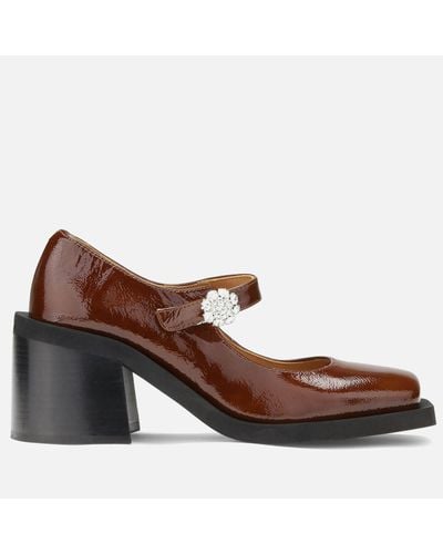 Ganni Square Toe Heeled Mary Jane Leather Shoes - Brown