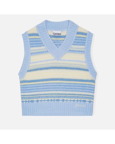 Ganni Intarsia-Striped Knit Jumper Vest - Blue
