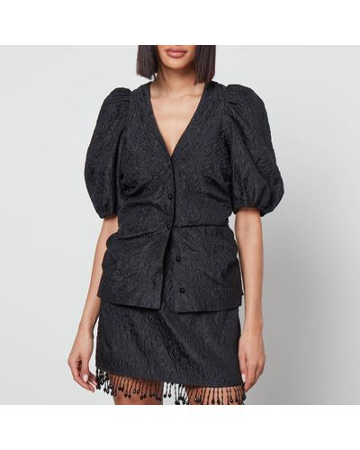 Ganni Jacquard Blouse With Puff Sleeves - Black