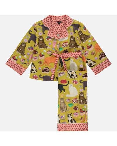Karen Mabon Cat Café Swing Sleeve Cotton Pajama Set - Yellow