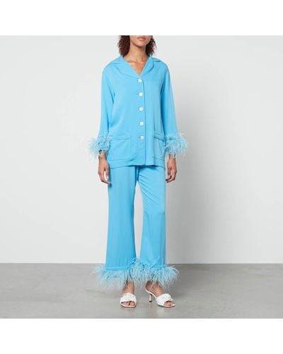 Sleeper Party Feather-Trimmed Crepe De Chine Pyjama Set - Blue
