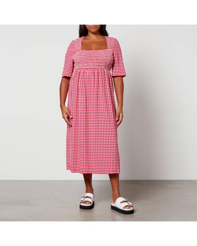 Ganni Smocked Checked Seersucker Dress - Pink