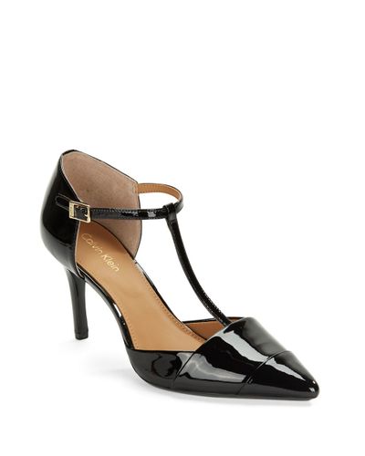 Calvin Klein Ginae Patent Leather T-strap Pumps in Black - Lyst