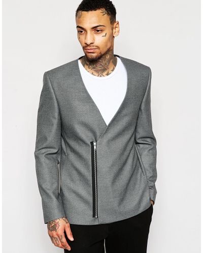 ASOS Synthetic Slim Collarless Blazer With Zip Fastening In Grey in ...
