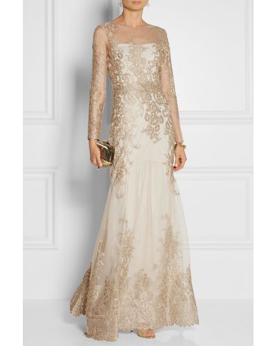 marchesa notte gold artwork sequin gown