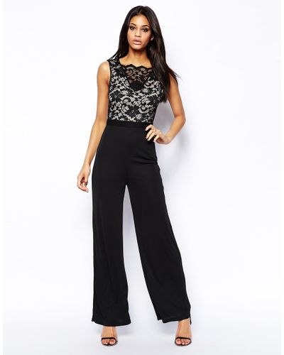 Lipsy Wide Leg Jumpsuit with Lace Top in Black - Lyst
