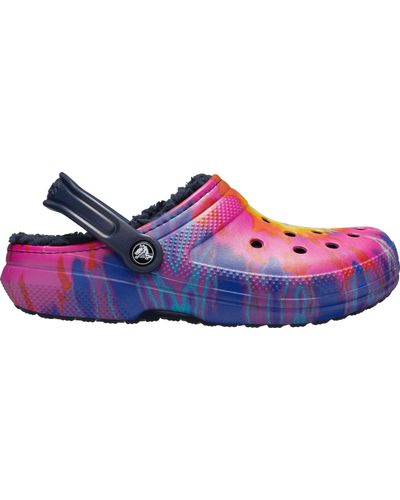 tie dye crocs with pink fur