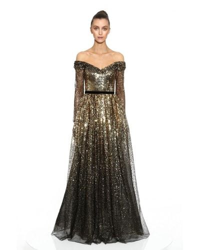 off the shoulder black and gold dress