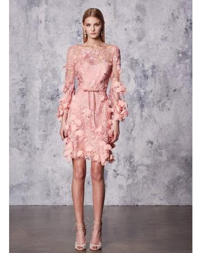 Marchesa notte Velvet Pink Long Sleeve 3d Floral Embroidered Dress | Lyst