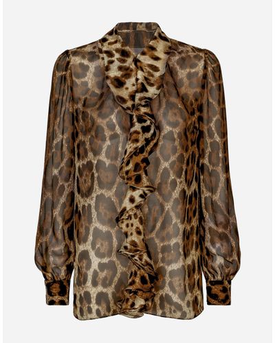 Dolce & Gabbana Leopard-Print Chiffon Shirt With Ruches - Brown
