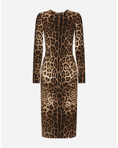 Dolce & Gabbana Leopard-Print Cady Dress With Long Sleeves - Natural