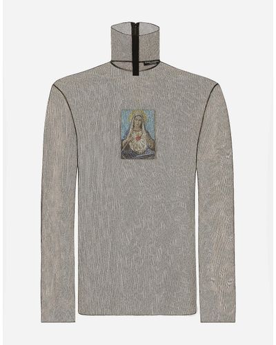 Dolce & Gabbana Tüll-T-Shirt Mit Hohem Kragen Und Patch - Grau