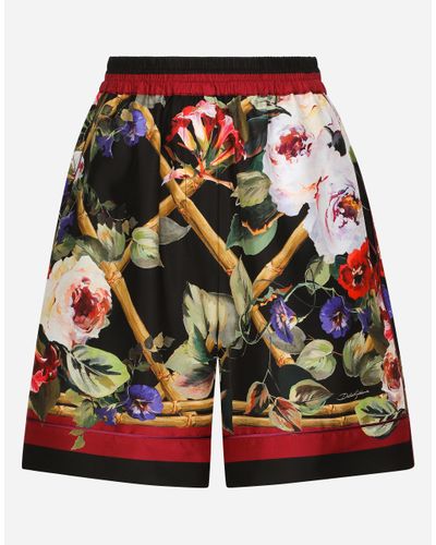 Dolce & Gabbana Twill Pajama Shorts With Rose Garden - Red