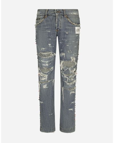 Dolce & Gabbana Washed Denim Jeans With Studs And Rips - Gray