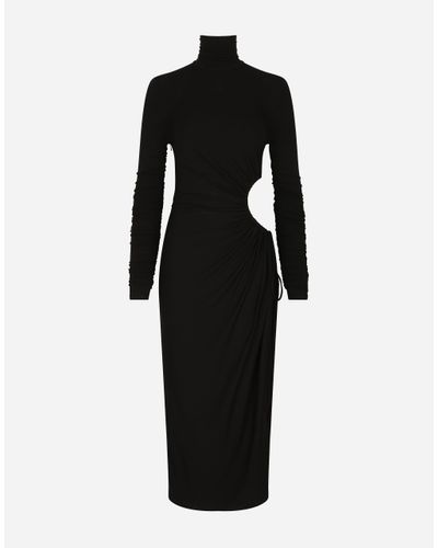 Dolce & Gabbana High-Necked Jersey Calf-Length Dress With Cut-Out - Black