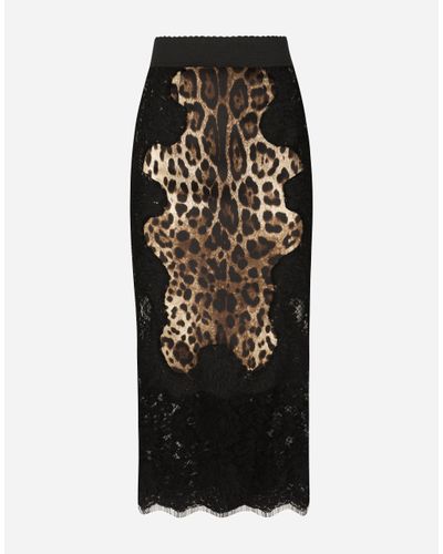 Dolce & Gabbana Leopard-Print Satin Midi Skirt With Lace Inserts - Schwarz