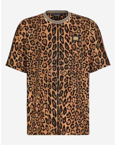 Dolce & Gabbana Rundhals-T-Shirt Crespo Im Leoprint Mit Plakette - Braun