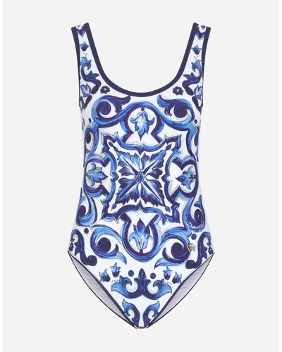 Dolce & Gabbana Majolica-Print Racing Swimsuit - Blue