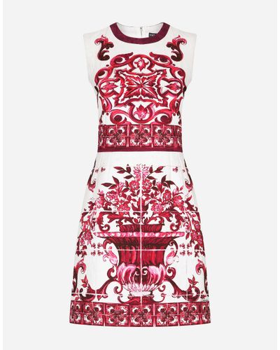 Dolce & Gabbana Kurzes Kleid Aus Brokat Majolika-Print - Rot