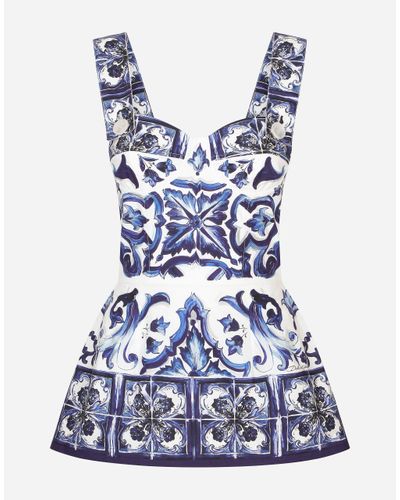 Dolce & Gabbana Majolica-Print Poplin Top With Peplum Detail - Blue