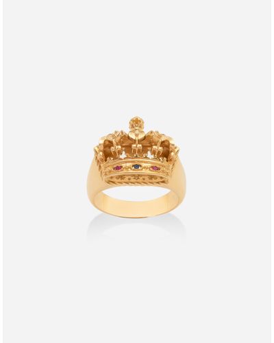 Dolce & Gabbana Ring Crown Mit Krone Aus Gelbgold, Rubinen Und Saphir - Weiß