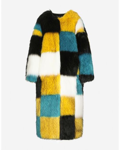 Dolce & Gabbana Damier-design Long-hair Faux Fur Coat - Yellow