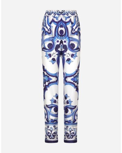 Dolce & Gabbana Silk Twill Pants With Majolica Print - Blue